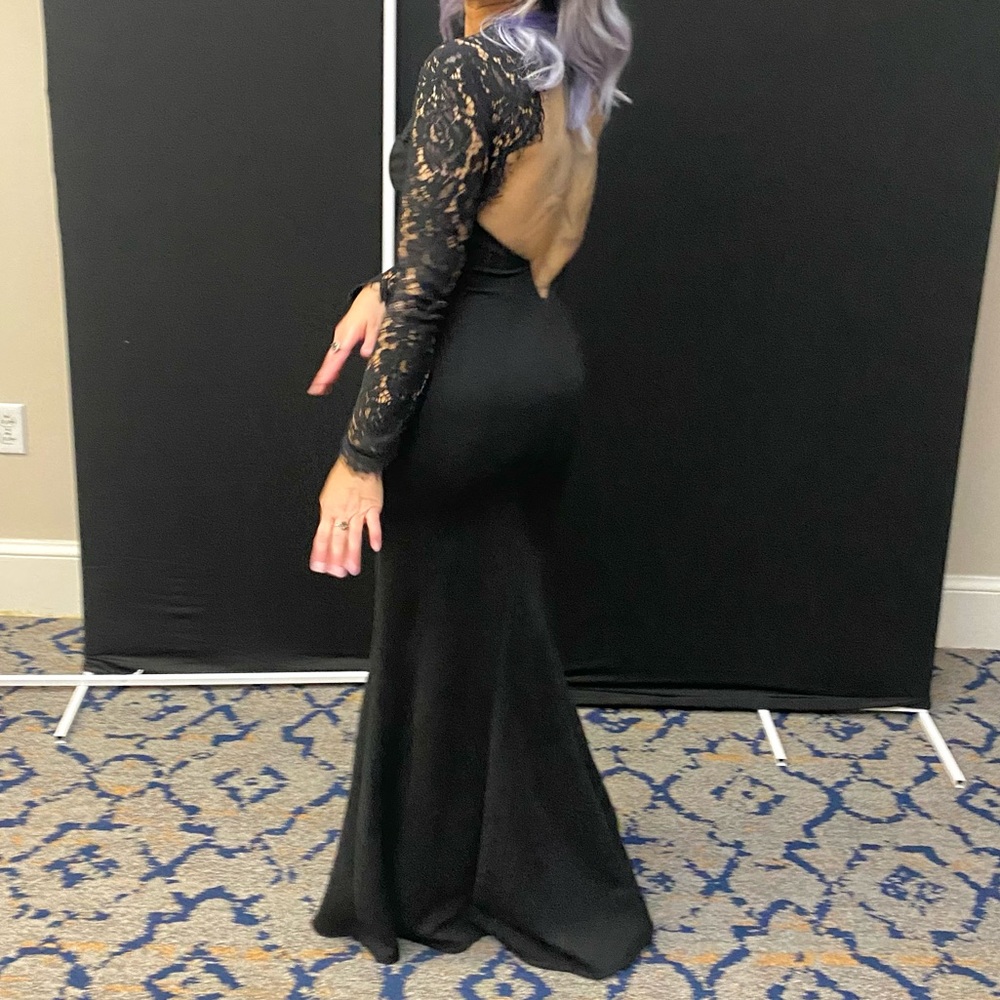 Lulus Whenever You Call Formal Black Backless Lace Long Sleeve Maxi Dress XS - Picture 8 of 9